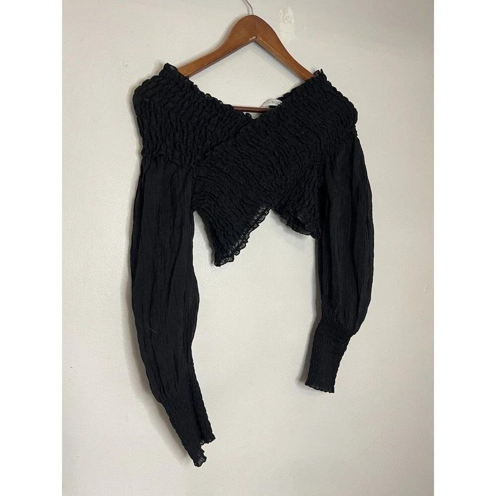 Zara Women's Medium Black Textured Stretchy Criss Cross Long Sleeve Top Blouse